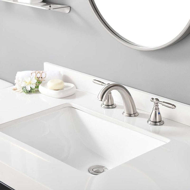 Phiestina 8 Inch 3 Holes Brushed Nickel Low Arc Widespread Bathroom Sink Faucet, 2 Handles Bathroom Faucet with Stainless Steel Pop Up Drain, WF008-4-BN - Image 2